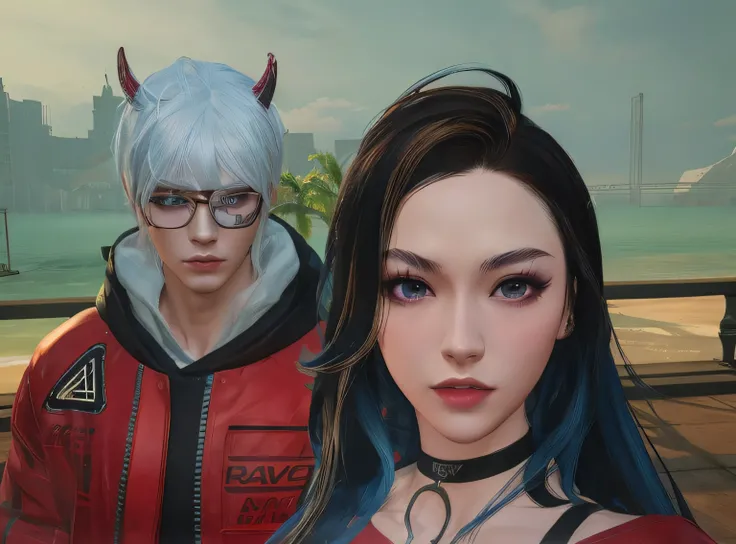 there are two people standing next to each other in a video game, kda and sam yang, artwork in the style of guweiz, realistic artstyle, realistic anime 3 d style, 8 k character details, detailed and realistic faces, high quality portrait, with fully detail...