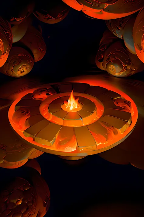 A round ornamental mandala made of fire, flames and a whirlpool of lava, surrounded by stone.