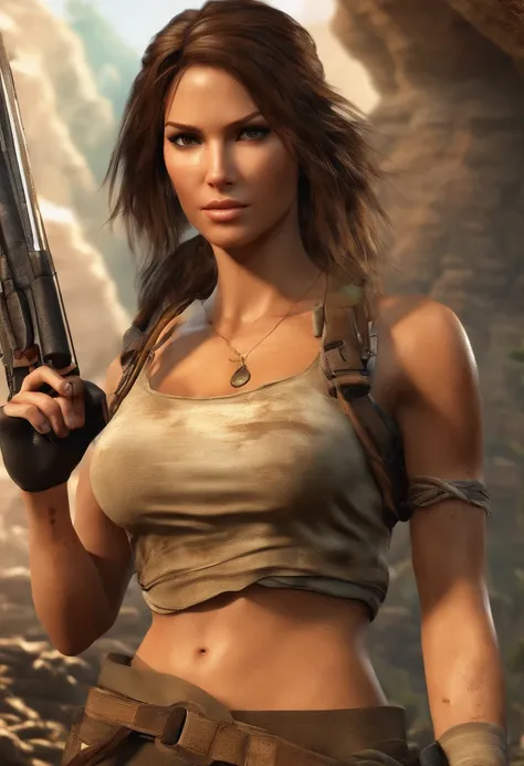 a detailed illustration of Lara Croft, in a 3D rendered style,strong,dynamic and confident pose,with her signature dual pistols,exploring ancient ruins,exotic landscapes and mystical artifacts,adventure,fierce determination,extraordinary acrobatics,with re...