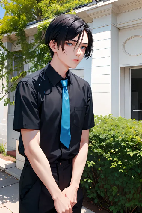 Young girl with short black straight hair under a boy with a straight parting, scar on the nose, blue eyes, Slim body in black shirt with blue tie in trousers, Standing in the yard, keeps his hand on his hair, Looks in the direction of the wind