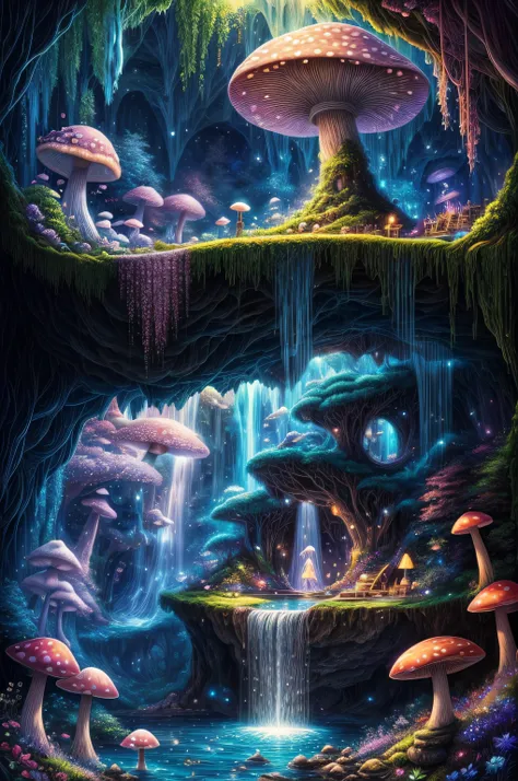 A whimsical, dreamlike artwork that combines elements of a "Waterfall Shower Girl Cave" with fantasy. The cave is nestled beneath a towering mushroom canopy, and the waterfall is a shimmering ribbon of liquid stardust. Inside the cave, a girl with wings ba...