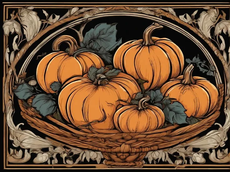 pumpkins in a basket, dark background, --Caravaggio style, --no frames or canvas