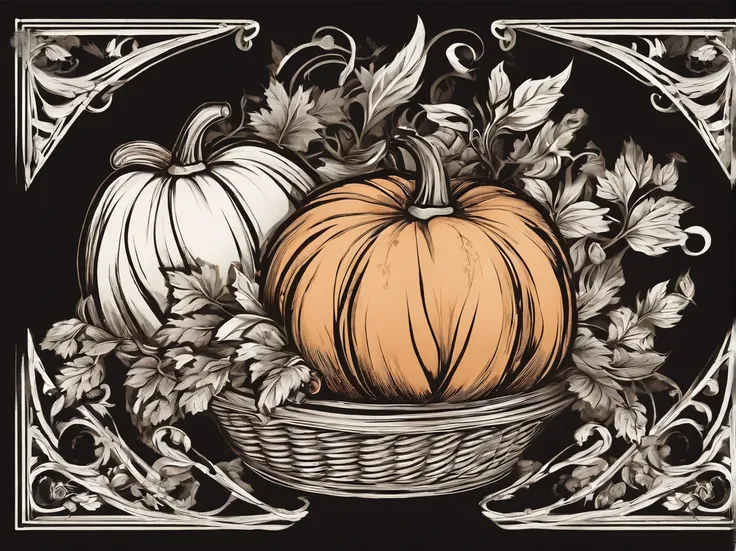 pumpkins in a basket, dark background, --Caravaggio style, --no frames or canvas