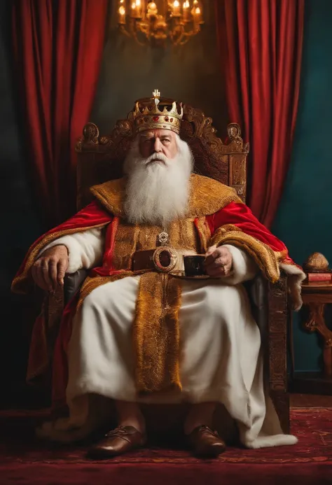 An old and wise King with a crown on his head, gargalhando, sitting on a couch and watching television in the living room at home and remote control in hand, Television passing with the netflix logo