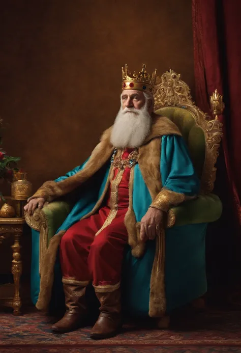 An old and wise King with a crown on his head, gargalhando, sitting on a couch and watching television in the living room at home and remote control in hand, Television passing with the netflix logo