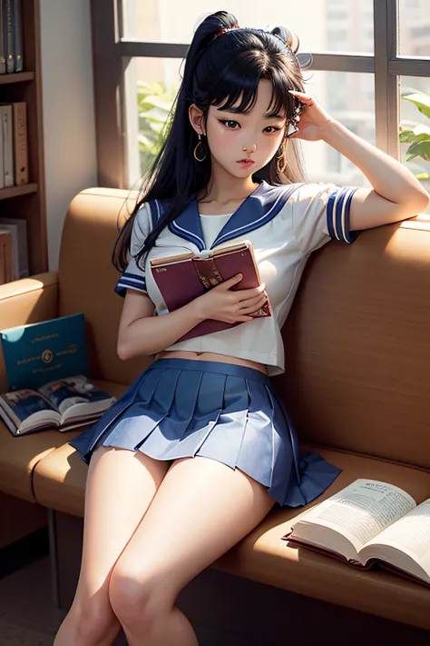 sailor moon, Korean lady 15 years old reading a book in a library, white shirt, student short blue skirt, perfect hands, perfect fingers, perfect arms, pay attention to book