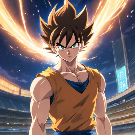 uma arte perfeita de Vegeta como Super Sayajin, cabelos amarelos e olhos verdes, envolto em energias e raios amarelos, sarcastic expression, well-defined muscles, Sombras realistas, incredible details, olhos perfeitos, perfect hands, corpo inteiro, roupa a...