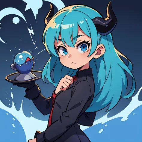 A  girl, blue hair, Black Devil Horns, The Devils Tail, whitebackground