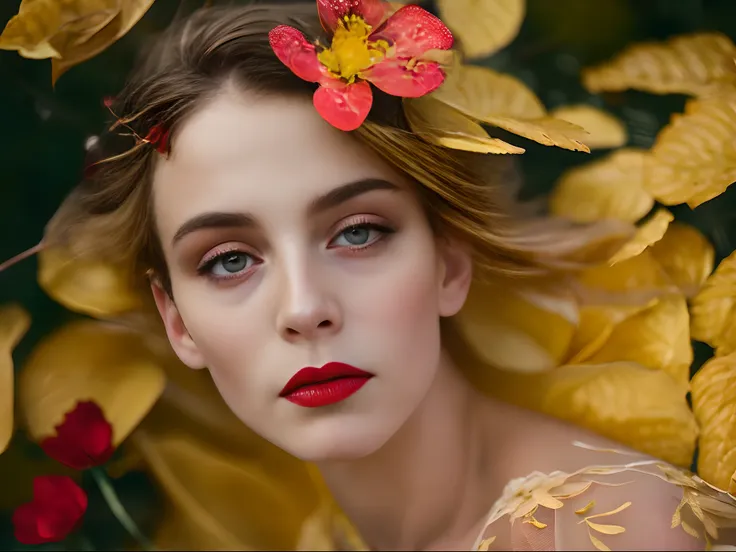 there is a pretty danish woman wearing a transparent soft yellow lace dress , beautiful eyes, unique face, many floating red flowers around of woman, dried leaves on the ground, dynamic poses, perfect anatomy, good finger, rays light, inspired by Elsa Bled...