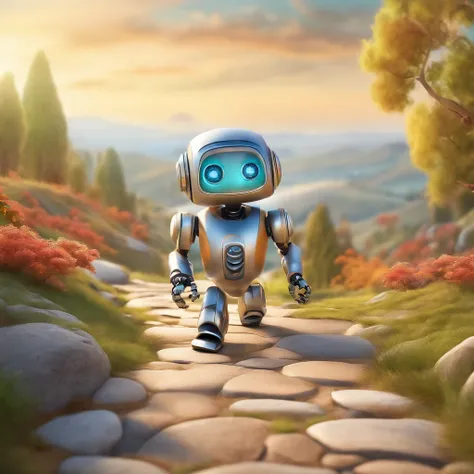 (a cute little robot walking along a stone road with a beautiful 3D-style landscape, cartoon elements, and watercolor aesthetics),(best quality, ultra-detailed), 3D rendering, stone road, cute robot, colorful and vibrant landscape, cartoon charm, watercolo...