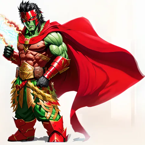 male, green skin, half-orc ,black hair, very muscular, green wide flat nose, broad green chin, giga chad chin , wearing red mask, red cape, wearing large gold round belt buckle, (Greek bronze brown chest armor), red boots, flaming hands, electricity from h...