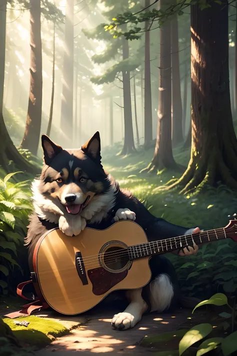 Prompt: Create an illustration of a serene forest scene where a medium-sized dog, with a friendly and content expression, sits beneath the shade of a tall oak tree. The dog is comfortably seated on a mossy patch of ground, and it holds a guitar in its paws...