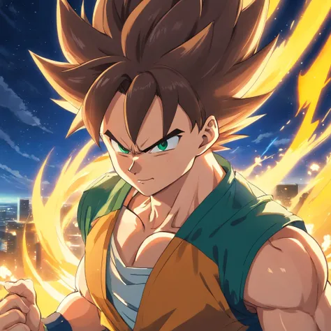 uma arte perfeita de Vegeta como Super Sayajin, cabelos amarelos e olhos verdes, envolto em energias e raios amarelos, sarcastic expression, well-defined muscles, Sombras realistas, incredible details, olhos perfeitos, perfect hands, corpo inteiro, roupa a...