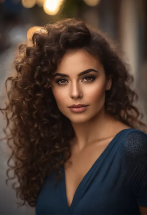 (sharp focus:1.2), photo, attractive young brazilian woman, (beautiful face:1.1), detailed eyes, luscious lips, (cat eye makeup:0.85), (large eyes:1.0), (toned body:1.2), (curly hair:1.2), (curvy body :1.2), wearing (romper:1.2) on a (street:1.2). (moody l...