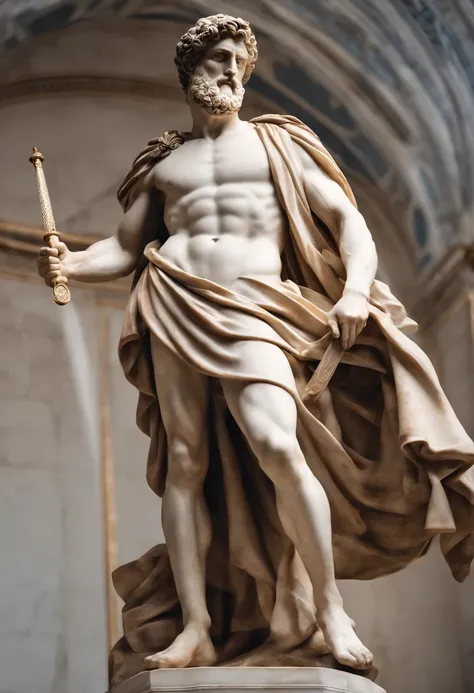 a marble statue of greek marco aurelio, with an aggressive facial expression, holding a sword