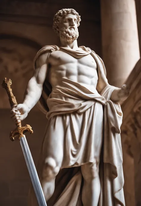 a marble statue of greek marco aurelio, with an aggressive facial expression, holding a sword