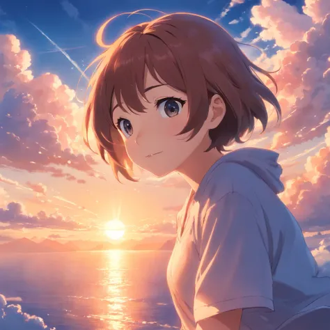 masterpiece, best quality, movie still, 1girl, cloud girl, floating in the sky, close-up, bright, happy, warm soft lighting, sunset, (sparks:0.7)