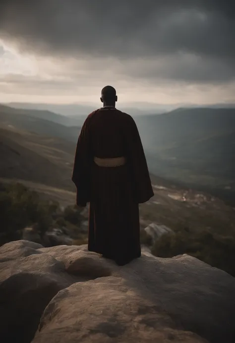 Rofeta Elijah with a robe in his hand on top of a mountain preaching to a crowd. with his disciple