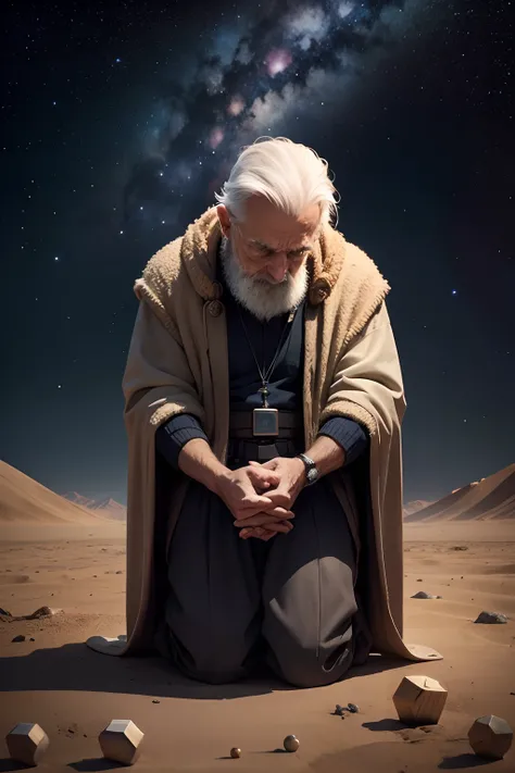 Old man kneeling before God, head bowed, among the stars, universe in the background, Interstellar