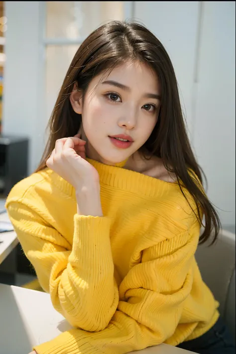 a close up of a woman in a yellow sweater posing for a picture, cindy avelino, wearing yellow croptop, with yellow cloths, ruan jia beautiful!, beautiful cute, beautiful asian girl, yellow hue, nivanh chanthara, beautiful yellow woman, mai anh tran, cute b...