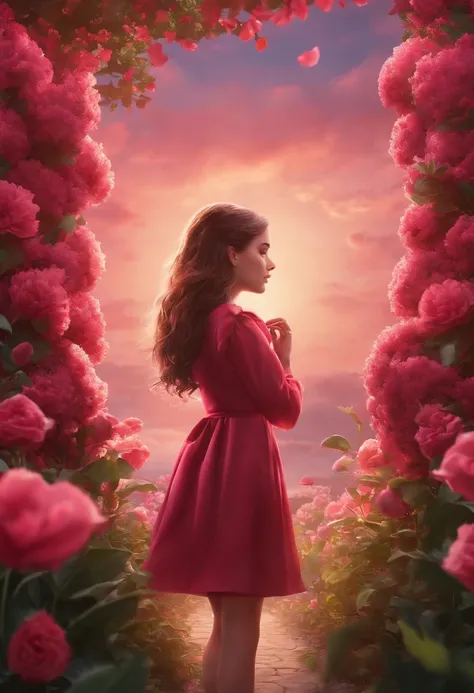 (best quality, masterpieces), (filmic space:1.2), (1girl, soloist:1.4), petals, pink eyes, cat, crimson sky background,illustration