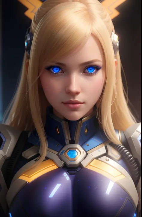 blond blue eye symmetry portrait of dva from overwatch, closeup, sci - fi, tech wear, glowing blue lights intricate, elegant, highly detailed, digital painting, artstation, concept art, smooth, sharp focus, illustration, art by art Germ and Greg Rutkowsky ...