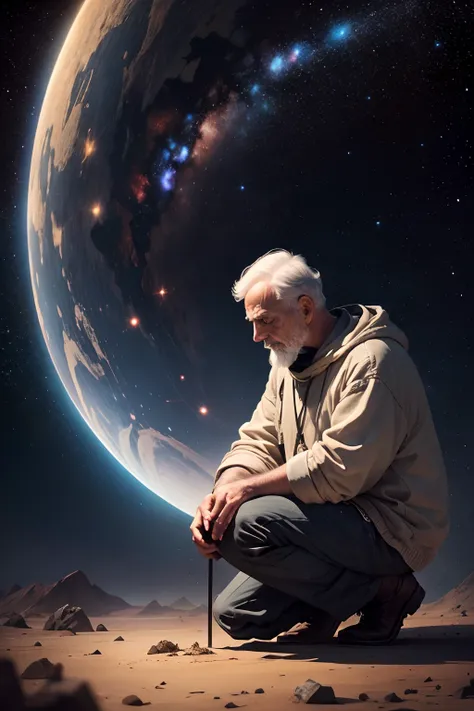 Old man kneeling before God, head bowed, among the stars, universe in the background, Interstellar