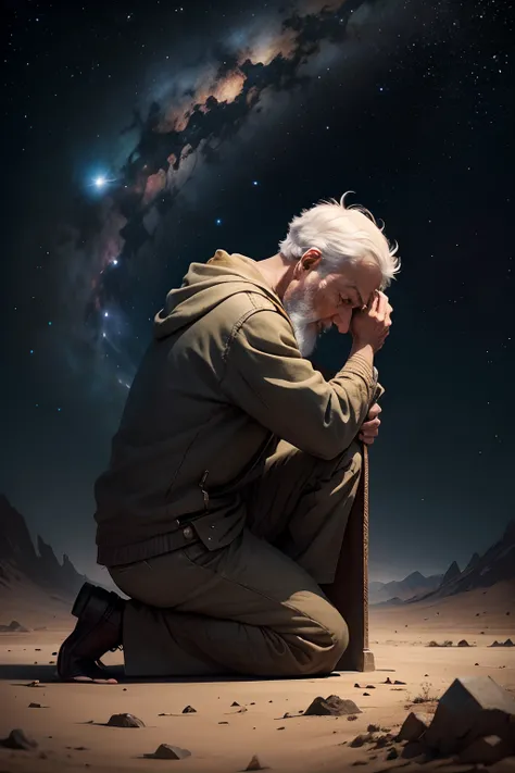 Old man kneeling before God, head bowed, among the stars, universe in the background, Interstellar