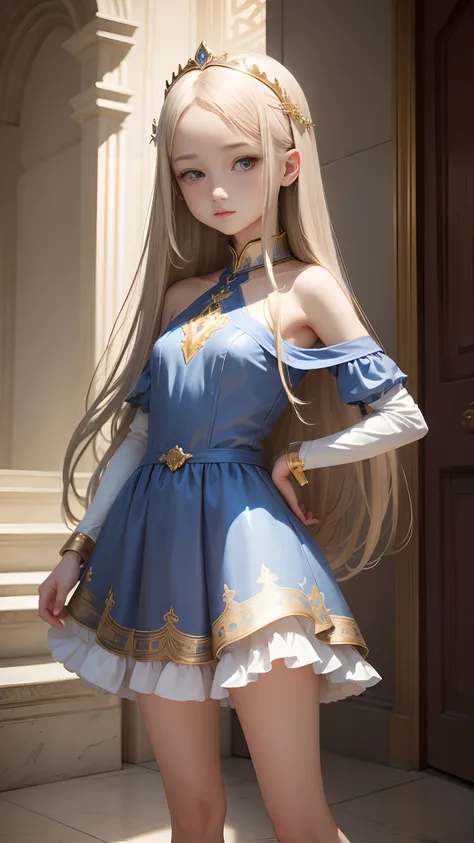 masterpiece, super fine illustration, extremely detailed, 1girl, flat background, full body, standing, extremely detailed face and eyes, 、The girl、Hair length to shoulder length、straight hair of white-gold color、Wearing a blue dress、Shes a saint 、Shes an a...