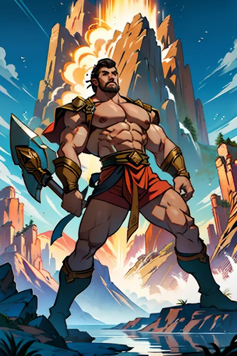 A man who is a heroic muscular man, holding up a large hammer, background is a brick wall, with distant mountains, mood is strength, enterprise, bravery, power, daytime light, character design.