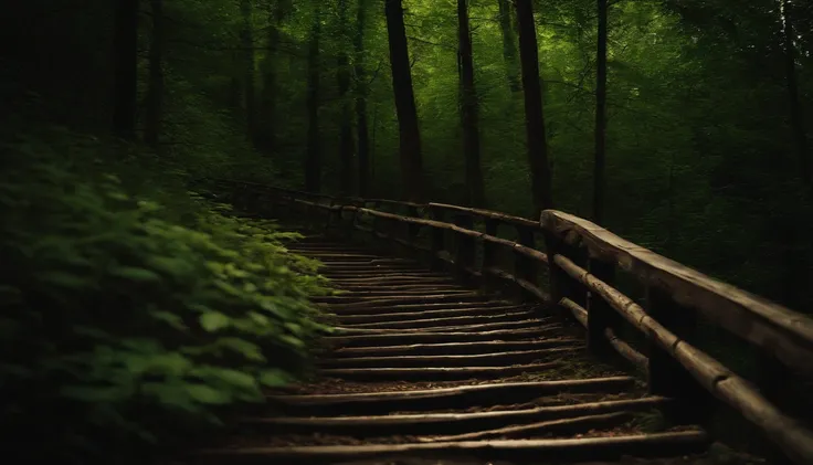 long stairs,Dense forest,bancovered