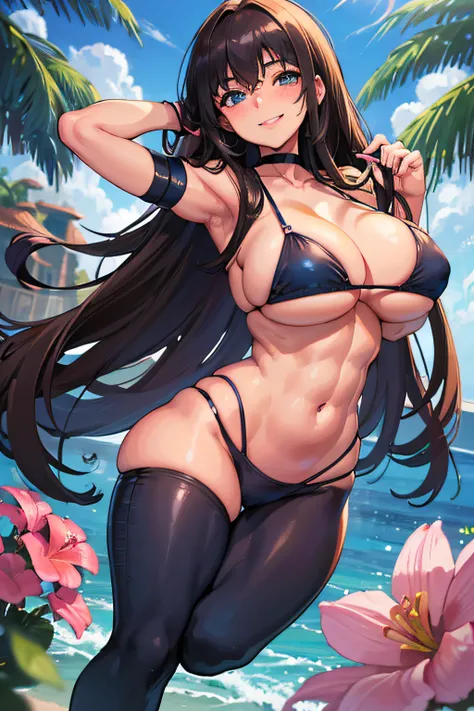 (Best quality:1.3), 1 woman, mature, long brown casual hair, dark blue eyes, smooth abs, very curvy, dark blue bikini, smiling (teeth showing), blush, double eyelids, giant boobs, massive breasts, spilling out breasts, cleavage, very thick waist, wide hips...