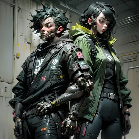 there is a man in a black and green outfit with a backpack, cyberpunk streetwear, cyberpunk suit, cyberpunk street goon, cyberpunk wearing, cyberpunk techwear, muted cyberpunk style, has cyberpunk style, style of cyberpunk, wearing cyberpunk streetwear, cy...