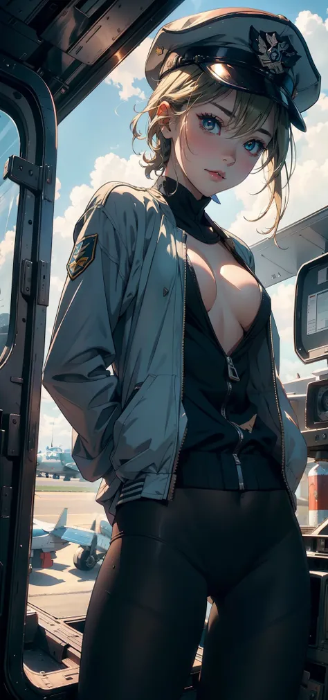 1female，Small loli，Bigchest，Pornographic exposure， 独奏，（Background with：The plane is in flight，Planes，inside of a cabin，） She has short blonde hair，bobo head，Stand in the pilots seat of the aircraft，seen from the front， hair straight， mostly cloudy sky，（（（t...