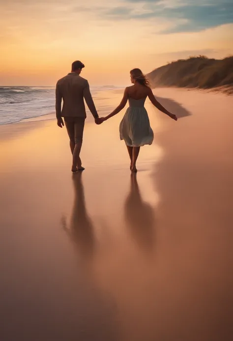 Realistic couple back and hand in hand walking on deserted beach