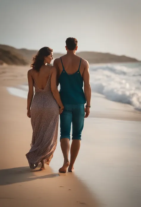 Realistic couple back and hand in hand walking on deserted beach