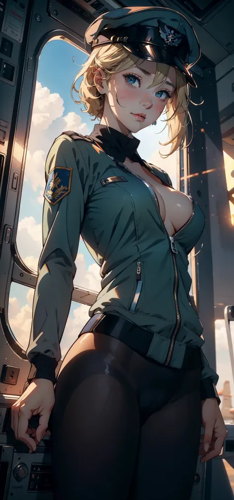 1female，Bigchest，Pornographic exposure， 独奏，（Background with：The plane is in flight，Planes，inside of a cabin，） She has short blonde hair，bobo head，Stand in the pilots seat of the aircraft，seen from the front， hair straight， mostly cloudy sky，（（（tmasterpiece...