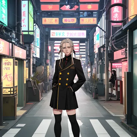 Anime boy, gakuran uniform, white dread locks, brown skin, lips, 4k quality, 8k quality, standing, Shibuya station, neon japanese sign, buildings, 4k quality, 8k quality.