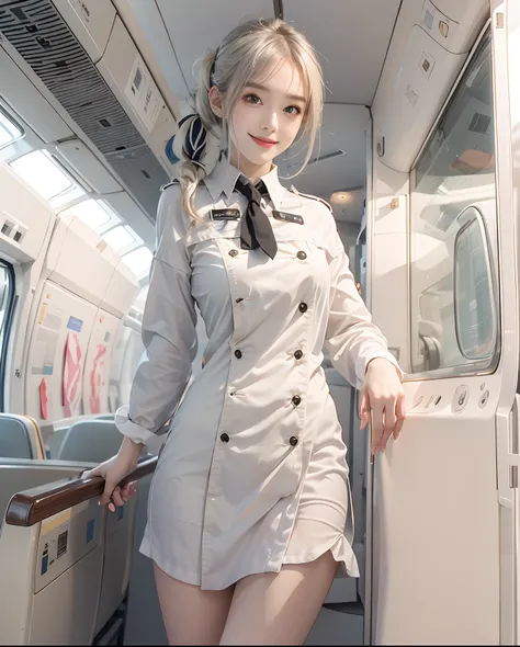 masutepiece、hight resolution、cabin attendant、30-year-old girl、Smiling at the camera、Finish as shown in the photo、the skin is white and beautiful、inner colored、Hair should be tied back、A slender、legs are thin and beautiful、