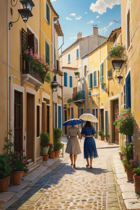 Impressionist oil painted scene of two people walking with their dog down a street in a Mediterranean village, Muchos detalles, Perfect anatomy, Reflejos en el pavimento por los efectos de la lluvia