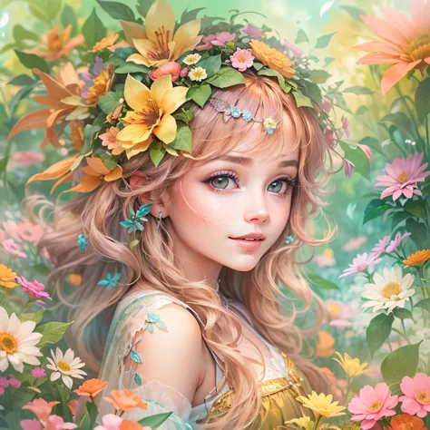 Cute flower fairy baby，asas coloridas, Segure o cetro，Belo oceano cintilante、cercado por flores coloridas，asas transparentes，asas luminescentes､sorriso gentil､summer background､Fada suave e transparente､Tinta aquarela，Fundo bonito do jardim，Bright rainbow ...