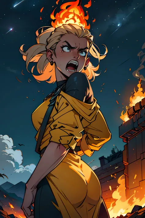 A woman who is an angry woman holding a flaming torch, screaming, background is dark sky with flames and smoke, mood is devastating, destructive, corrupting, deleterious, night time light, character design.