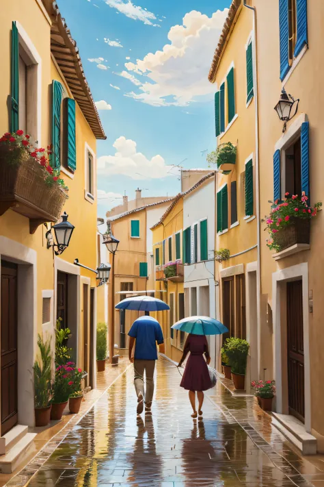 Impressionist oil painted scene of two people walking with their dog down a street in a Mediterranean village, Muchos detalles, Perfect anatomy, Reflejos en el pavimento por los efectos de la lluvia