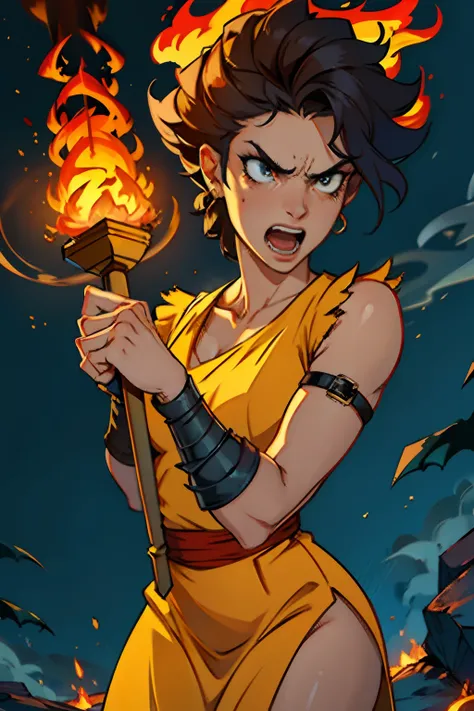 A woman who is an angry woman holding a flaming torch, screaming, background is dark sky with flames and smoke, mood is devastating, destructive, corrupting, deleterious, night time light, character design.