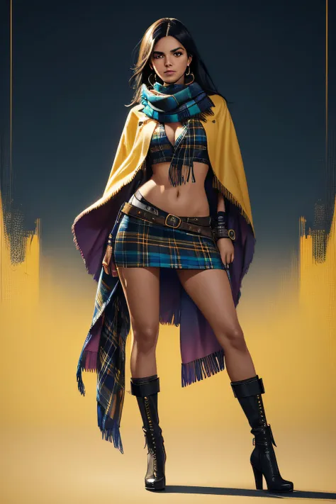 full body highly detailed portrait young beautiful colombian woman, blue eyes, tartan scarf, gradient yellow/black/brown/magenta, grunge aesthetic, by atey ghailan | greg rutkowski | greg tocchini | james gilleard | joe fenton | kaethe butcher