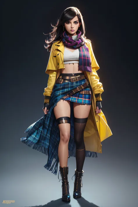 full body highly detailed portrait young beautiful colombian woman, blue eyes, tartan scarf, gradient yellow/black/brown/magenta, grunge aesthetic, by atey ghailan | greg rutkowski | greg tocchini | james gilleard | joe fenton | kaethe butcher