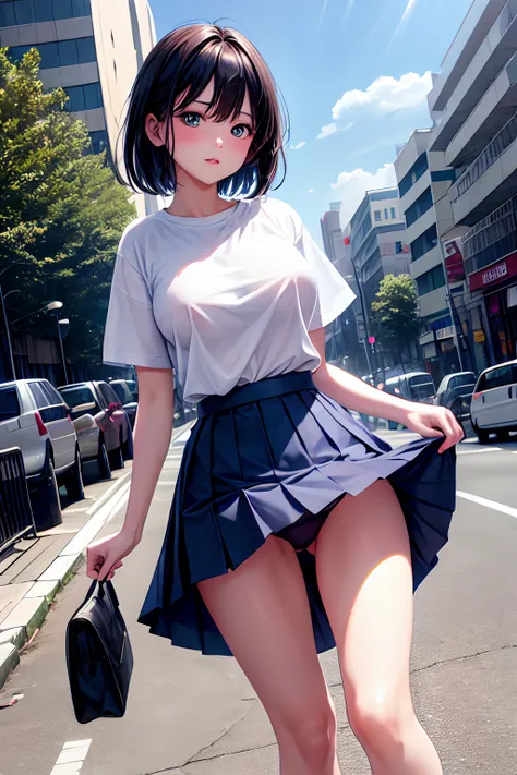 hight resolution, top-quality,  ultra-quality, The ultra-detailliert, lighting like a movie、white t-shirts、Dark blue pleated skirt、Sheer nipples  、In the street、1girl in,huge tit、Skirt Lift Up、panties small、