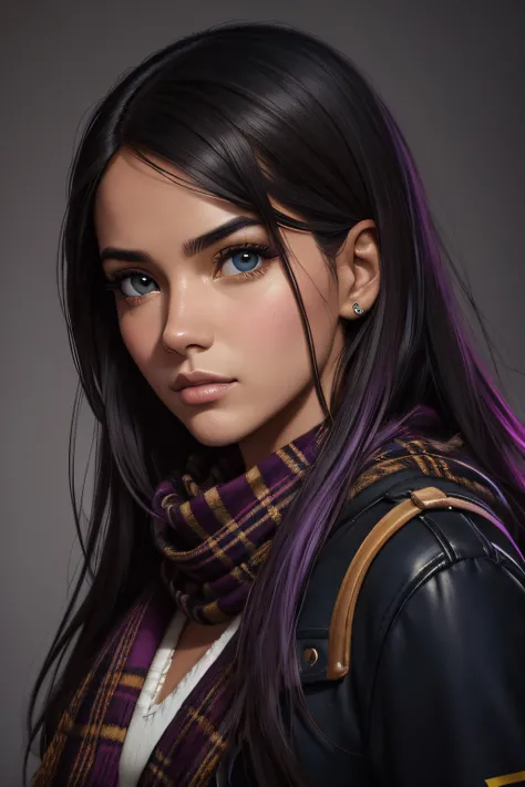 retrato del rostro muy detallado joven hermosa mujer colombiana, ojos azules, tartan scarf, Amarillo degradado/negro/brown/magenta, grunge aesthetic, por Atey Ghailan | Greg Rutkowski | Greg Tocchini | James Gilleard | Joe Fenton | Carnicero Kaethe