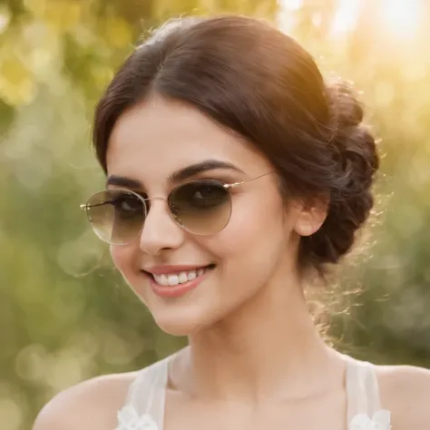 so beautiful Iranian girl with a wheatish complexion, an innocent and charming smile, large green eyes, wearing a white silky dress, her light brown hair flowing, black sun glasses,