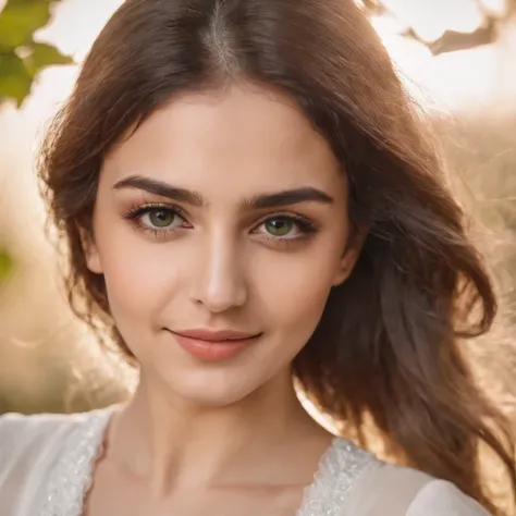 so beautiful Iranian girl with a wheatish complexion, an innocent and charming smile, large green eyes, wearing a white silky dress, her light brown hair flowing, black sun glasses,